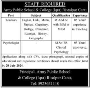 Latest Army Public School Subject Teachers Jobs 2024